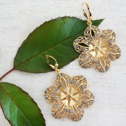 Gold Filigree Flower Earrings, Black Diamond Crystals